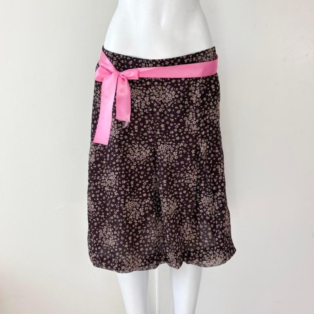 anne klein 100% silk floral midi skirt brown pink ribbon size 12